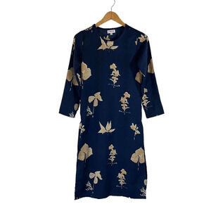 Pinkshink Midi Dress Size Small Boho Embroidered Side Slits Flower Pattern Navy
